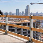 Worker stands safely behind a guardrail protecting the open edge of a building under construction.