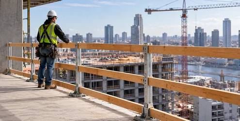 Worker stands safely behind a guardrail protecting the open edge of a building under construction.