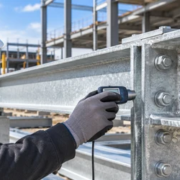 Engineer inspects the zinc-coated finish on a galvanized steel beam connection at a construction site.