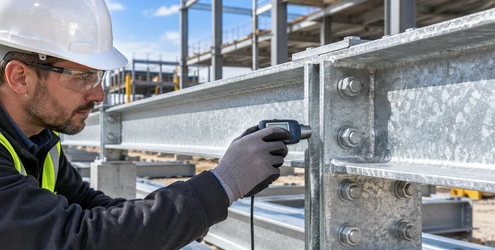 Engineer inspects the zinc-coated finish on a galvanized steel beam connection at a construction site.