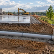 A site engineer checks a grated stormwater inlet as a buried drain pipe carries runoff from a construction site to a stable vegetated outfall.
