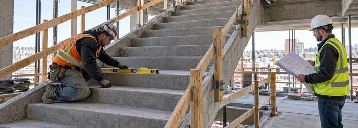 A carpenter levels a concrete stair tread while an engineer reviews the stair section, riser faces, and landing connection.