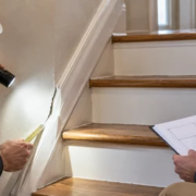 An inspector measures a narrow crack where a timber stair meets the wall while a contractor reviews the nearby stair connection.