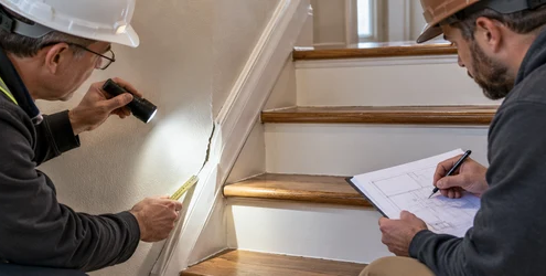 An inspector measures a narrow crack where a timber stair meets the wall while a contractor reviews the nearby stair connection.