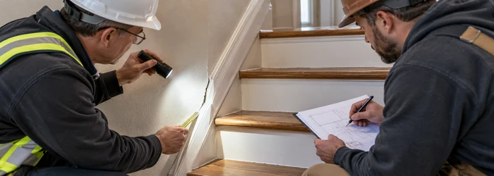 An inspector measures a narrow crack where a timber stair meets the wall while a contractor reviews the nearby stair connection.