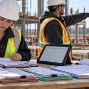 A construction cost engineer sorts job receipts and equipment records while a foreman reviews site expenses against active work.