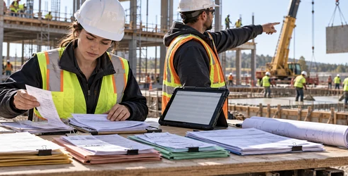 A construction cost engineer sorts job receipts and equipment records while a foreman reviews site expenses against active work.