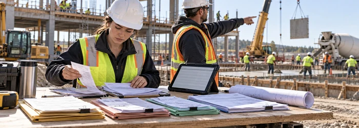 A construction cost engineer sorts job receipts and equipment records while a foreman reviews site expenses against active work.