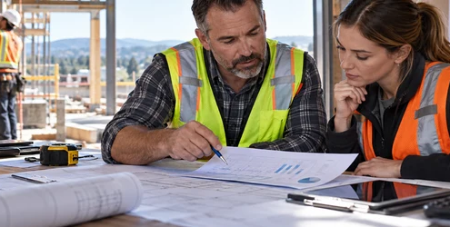 Construction estimator calculating labor burden costs beside a working crew