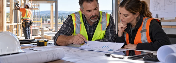 Construction estimator calculating labor burden costs beside a working crew