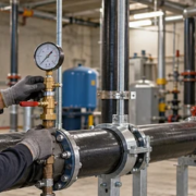 A plumbing technician checks a pressure gauge on a supported commercial water line while an engineer reviews the system drawing.