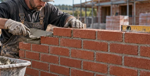 Mason laying bricks in a staggered runner bond pattern