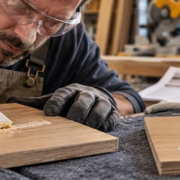A finish carpenter tests cured construction adhesive with a plastic scraper on a sample wood panel to avoid damaging the surface.