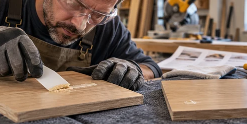 A finish carpenter tests cured construction adhesive with a plastic scraper on a sample wood panel to avoid damaging the surface.