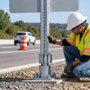 Road crew member inspects the breakaway coupling at the base of a roadside sign support.