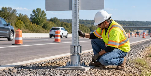 Road crew member inspects the breakaway coupling at the base of a roadside sign support.