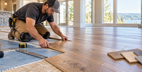 Flooring installer fitting engineered wood planks over a prepared subfloor with measuring tools in a new home.