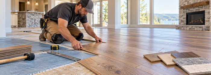 Flooring installer fitting engineered wood planks over a prepared subfloor with measuring tools in a new home.