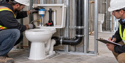 A plumber checks the toilet cistern flush valve and water supply while an inspector reviews the waste connection before close-in.