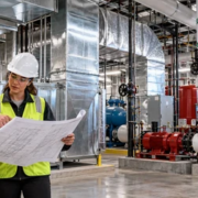 Mechanical contractors review HVAC and piping plans inside a commercial building plant room.