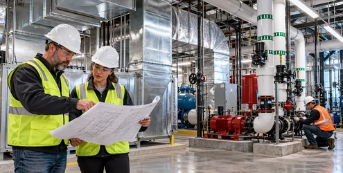 Mechanical contractors review HVAC and piping plans inside a commercial building plant room.