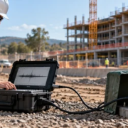 A field seismologist checks a vibration monitor beside an active construction site to measure ground motion.