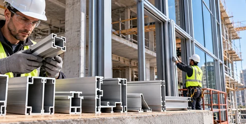 Construction worker inspects extruded aluminum profile sections used in a modern building facade.