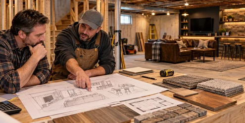 Homeowner and contractor planning a budget-friendly basement hangout