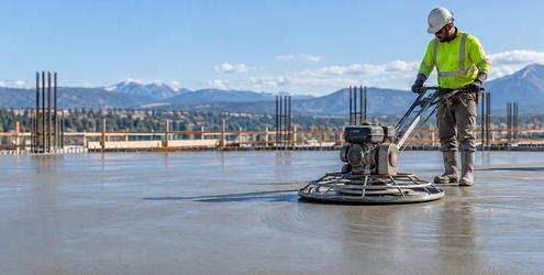 Concrete finisher uses a power trowel pan to float a fresh slab while a second worker checks the surface.