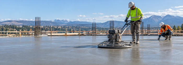 Concrete finisher uses a power trowel pan to float a fresh slab while a second worker checks the surface.