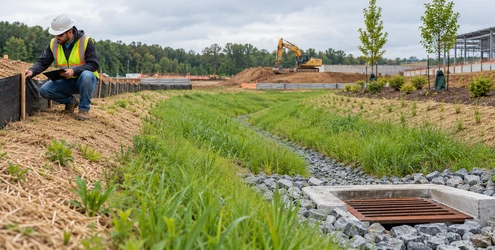 A site engineer checks silt fencing and a vegetated swale carrying runoff toward a protected catch basin to reduce construction sediment.