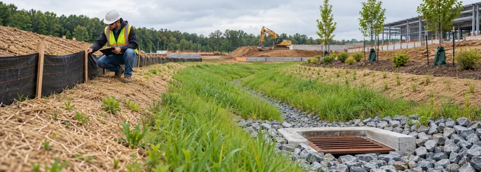 A site engineer checks silt fencing and a vegetated swale carrying runoff toward a protected catch basin to reduce construction sediment.