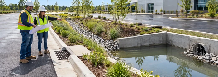 A site engineer reviews how graded pavement and a drainage swale direct runoff toward a catchment basin.