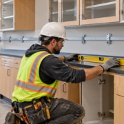 A millwork installer aligns built-in laboratory casework cabinets and checks the wall attachment before anchoring.