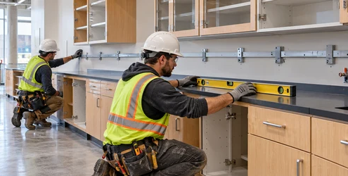 A millwork installer aligns built-in laboratory casework cabinets and checks the wall attachment before anchoring.