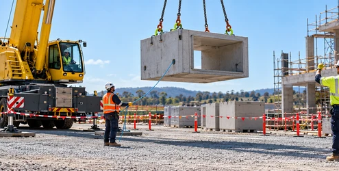 A crane crew positions a precast concrete element with checked slings, a tagline, and a signaler outside the load path.