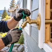 Plumber testing a brass exterior hose bib and its copper supply line on an open framed wall before the wall is closed.