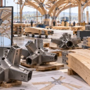 An engineer compares a digital structural model with CNC-fabricated timber members and steel nodes ready for assembly.