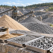 A materials engineer compares graded sand and crushed-stone samples at an aggregate quarry to verify construction material suitability.