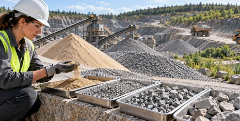 A materials engineer compares graded sand and crushed-stone samples at an aggregate quarry to verify construction material suitability.