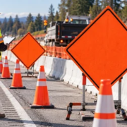 A site safety supervisor inspects temporary orange roadwork signs, cones, and barriers to guide traffic around a protected work zone.
