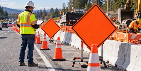 A site safety supervisor inspects temporary orange roadwork signs, cones, and barriers to guide traffic around a protected work zone.