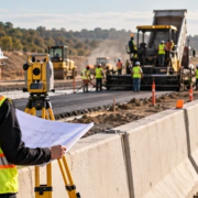 A highway engineer and surveyor review alignment beside a road project with traffic guided past a protected paving zone.