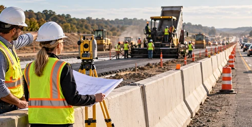 A highway engineer and surveyor review alignment beside a road project with traffic guided past a protected paving zone.