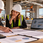 An estimator and owner review plans and project cost data while framing and mechanical work proceed inside a commercial building.