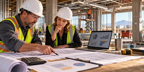 An estimator and owner review plans and project cost data while framing and mechanical work proceed inside a commercial building.