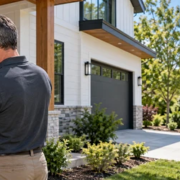 Home appraiser inspects a newly built house while comparing nearby home sales on a tablet.