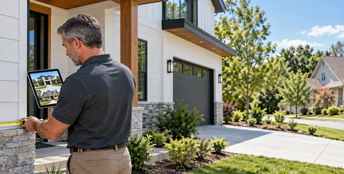 Home appraiser inspects a newly built house while comparing nearby home sales on a tablet.