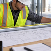 An estimator measures conduit alongside an electrical plan to confirm the linear-foot quantity before pricing materials.