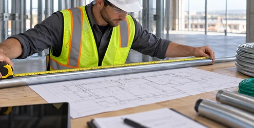 An estimator measures conduit alongside an electrical plan to confirm the linear-foot quantity before pricing materials.